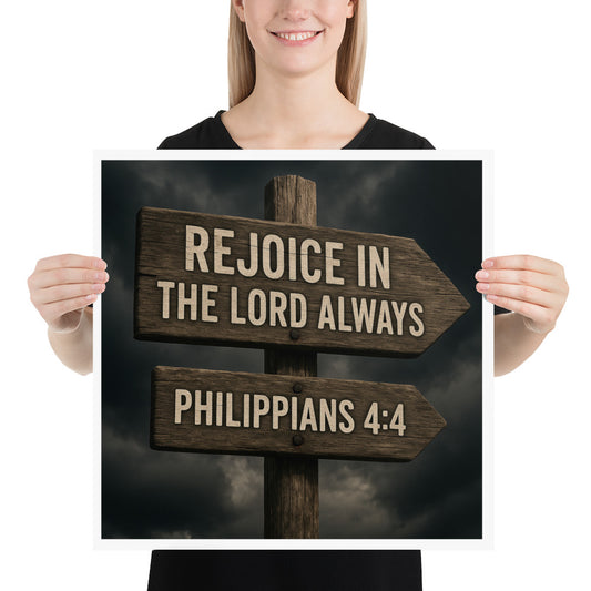 Christian wall art poster with Philippians 4:4 “Rejoice in the Lord always” – Scripture print inspiring joy and faith in God.