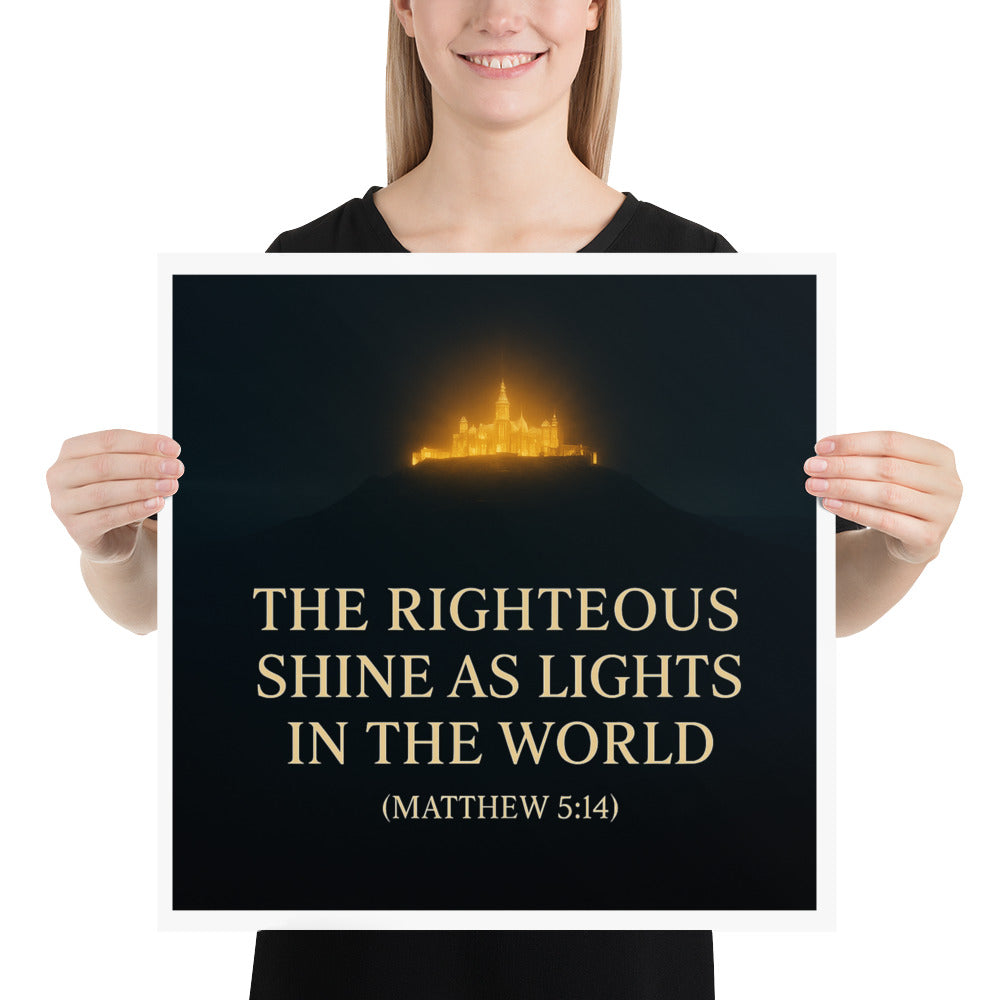 Christian wall art poster of a glowing city on a hill with Matthew 5:14 Scripture – Light of the World inspirational décor.