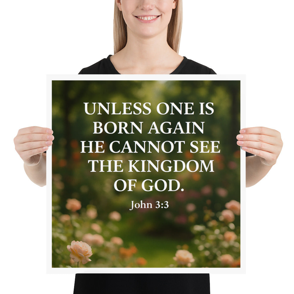 Christian wall art poster with garden flowers and John 3:3 Scripture — faith-based inspirational décor for home or church.