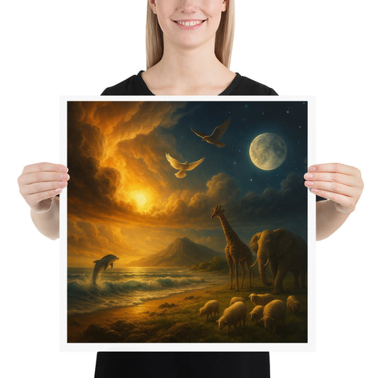 Genesis 1 creation scene poster with sun, moon, ocean waves and animals- Christian wall art