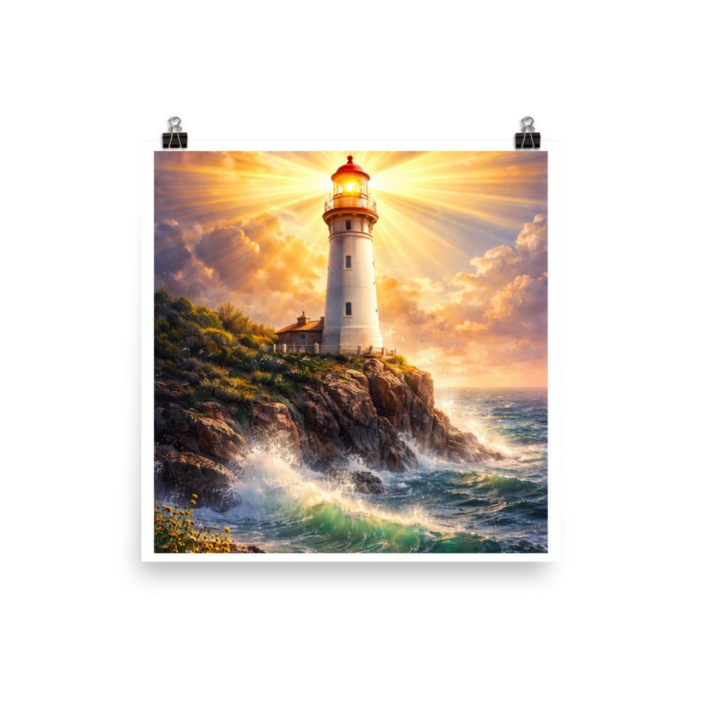 Lighthouse shining bright over ocean waves and rocky cliffs, symbolizing Jesus as the Light of the World