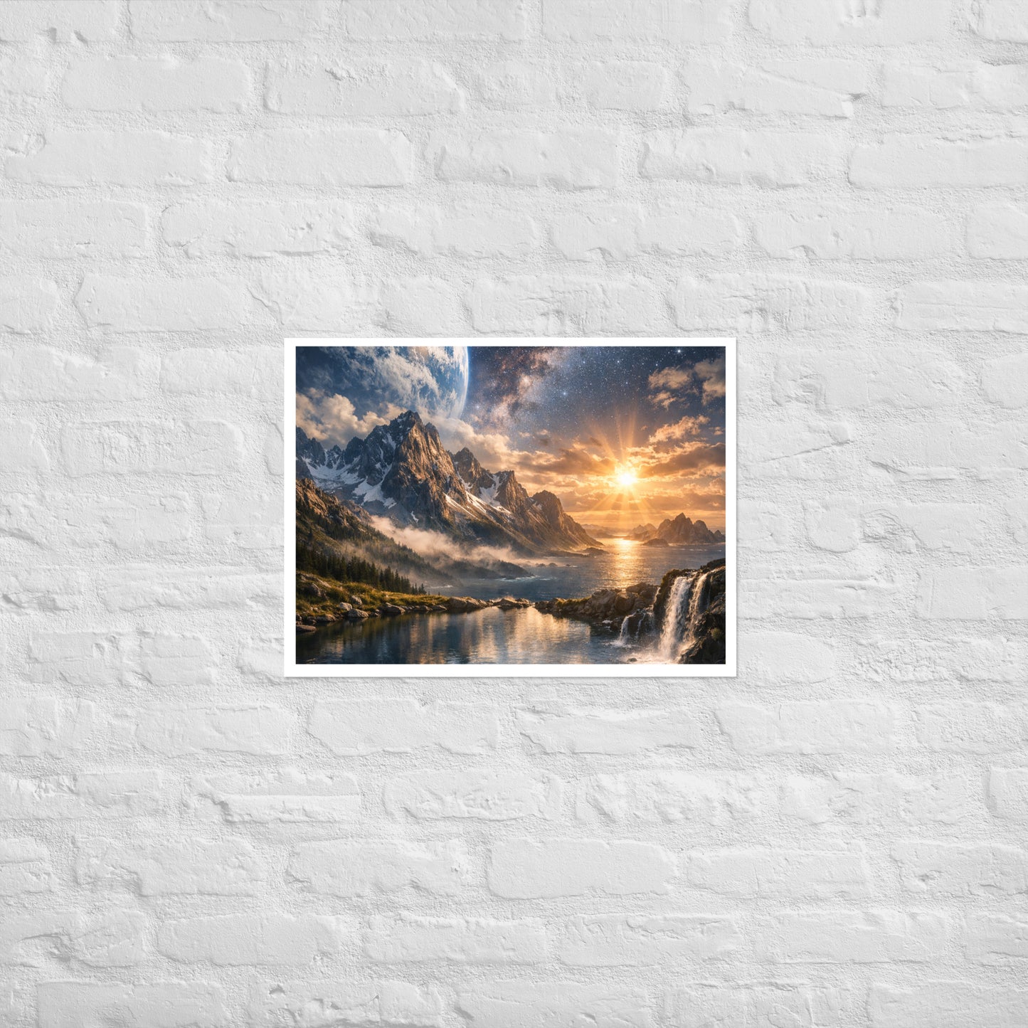 Celestial landscape poster print of jagged mountains beside the ocean at sunrise with a waterfall in the foreground and a star-filled galaxy sky with a planet-like horizon (unframed).