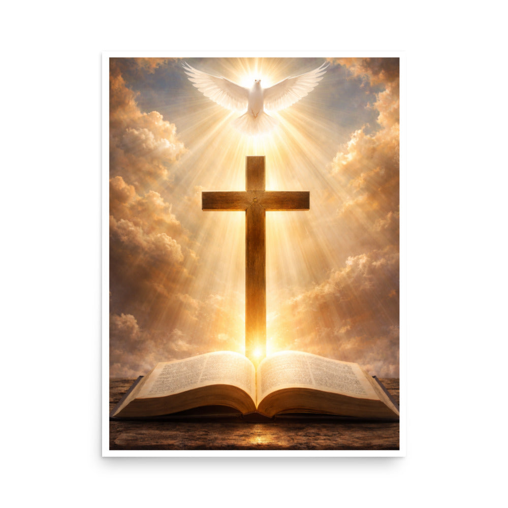 Radiant white dove above a wooden cross with golden light rays shining down onto an open Bible, inspirational Christian faith poster.