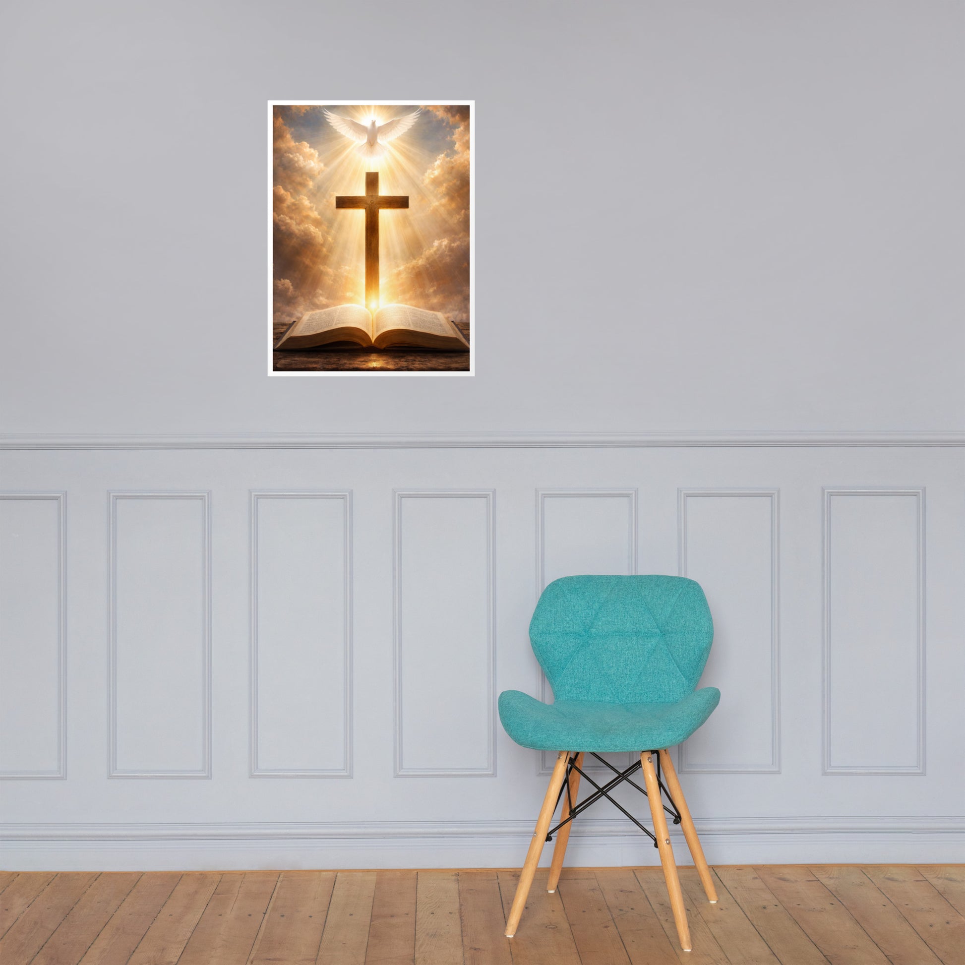 Radiant white dove above a wooden cross with golden light rays shining down onto an open Bible, inspirational Christian faith poster.
