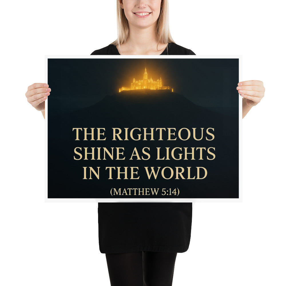 Christian wall art poster of a glowing city on a hill with Matthew 5:14 Scripture – Light of the World inspirational décor.