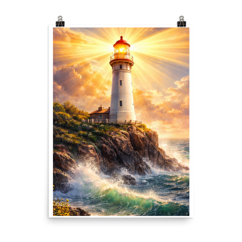 Lighthouse shining bright over ocean waves and rocky cliffs, symbolizing Jesus as the Light of the World