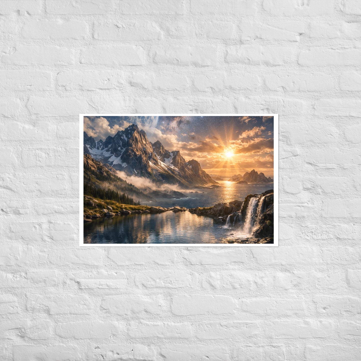 Celestial landscape poster print of jagged mountains beside the ocean at sunrise with a waterfall in the foreground and a star-filled galaxy sky with a planet-like horizon (unframed).