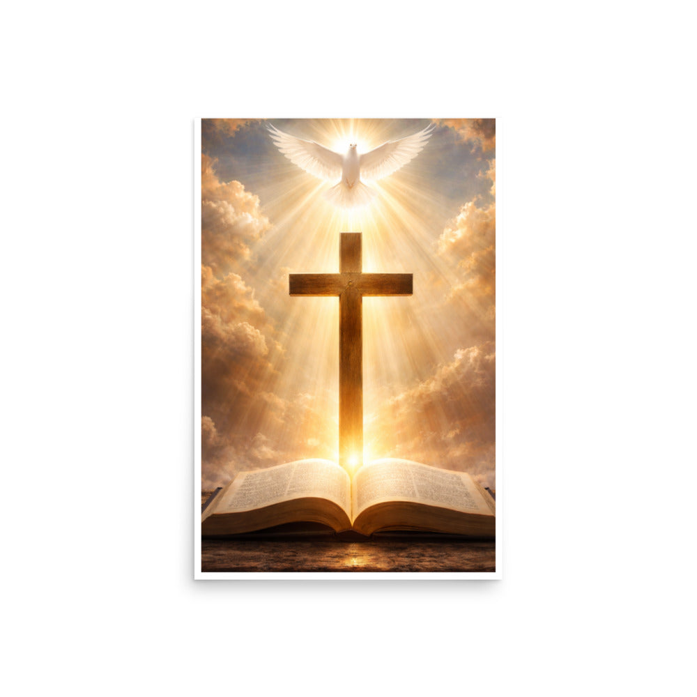 Radiant white dove above a wooden cross with golden light rays shining down onto an open Bible, inspirational Christian faith poster.