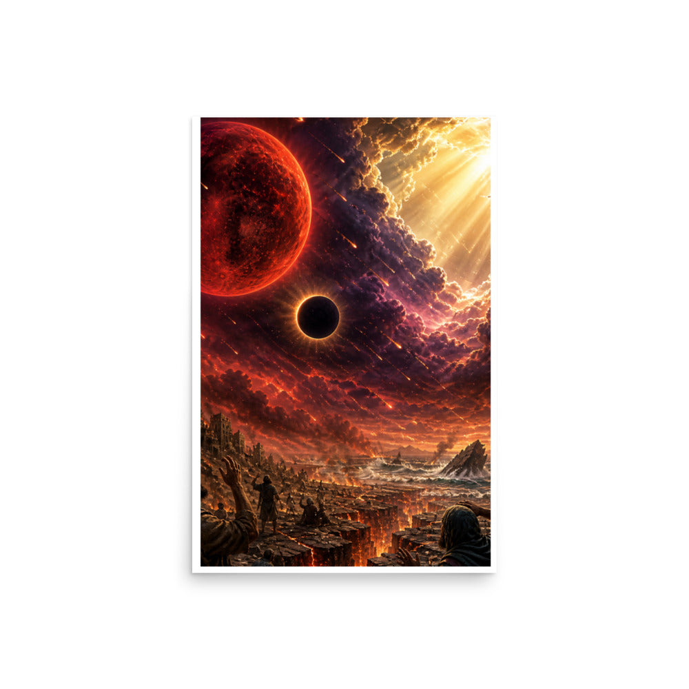 Revelation inspired Christian poster showing a blood moon, darkened sky, fiery heavens, and apocalyptic biblical end-times imagery.