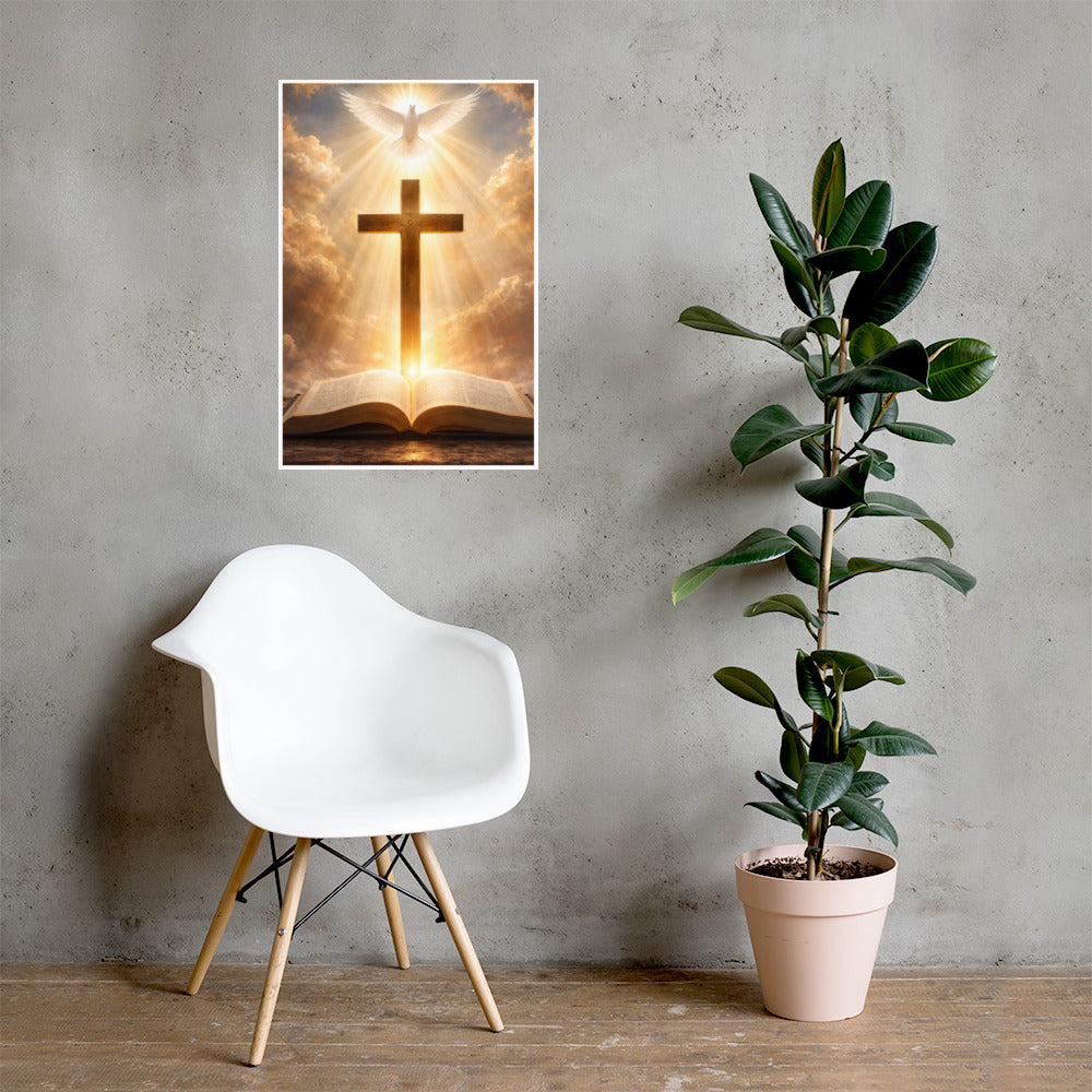 Radiant white dove above a wooden cross with golden light rays shining down onto an open Bible, inspirational Christian faith poster.