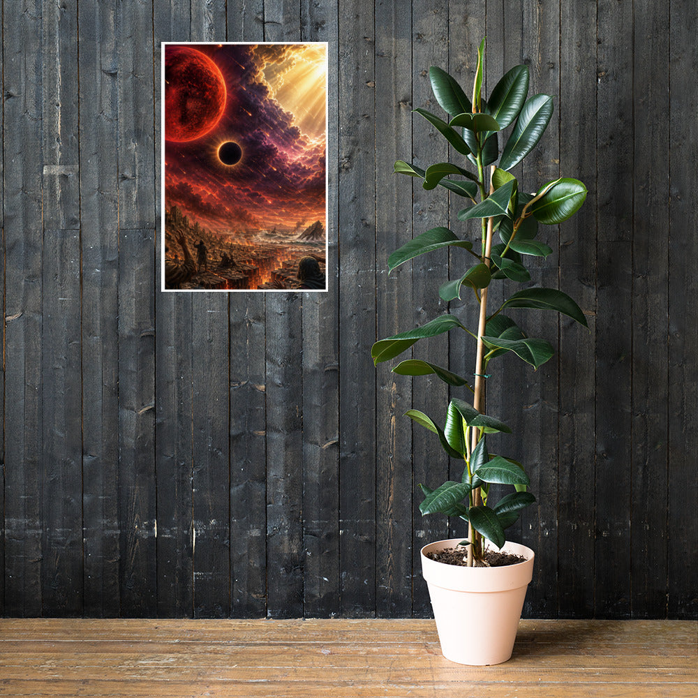 Revelation inspired Christian poster showing a blood moon, darkened sky, fiery heavens, and apocalyptic biblical end-times imagery.