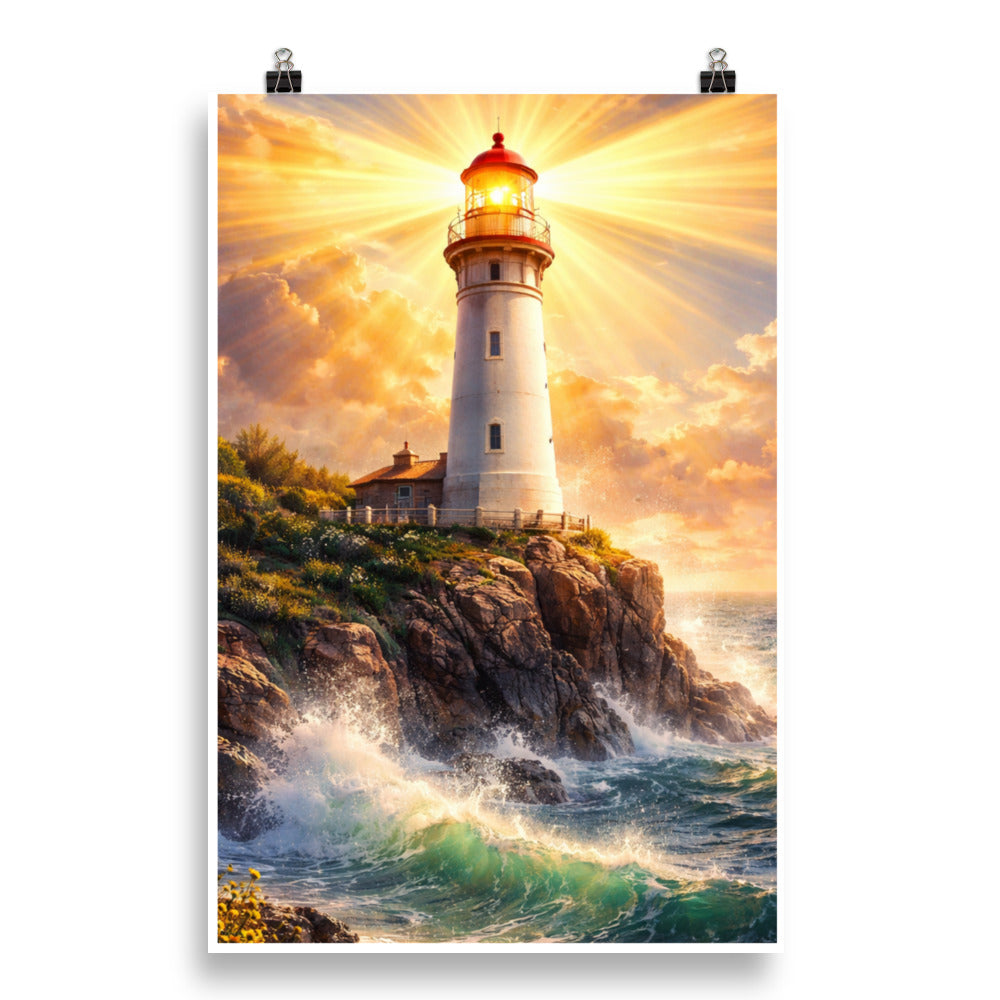 Lighthouse shining bright over ocean waves and rocky cliffs, symbolizing Jesus as the Light of the World