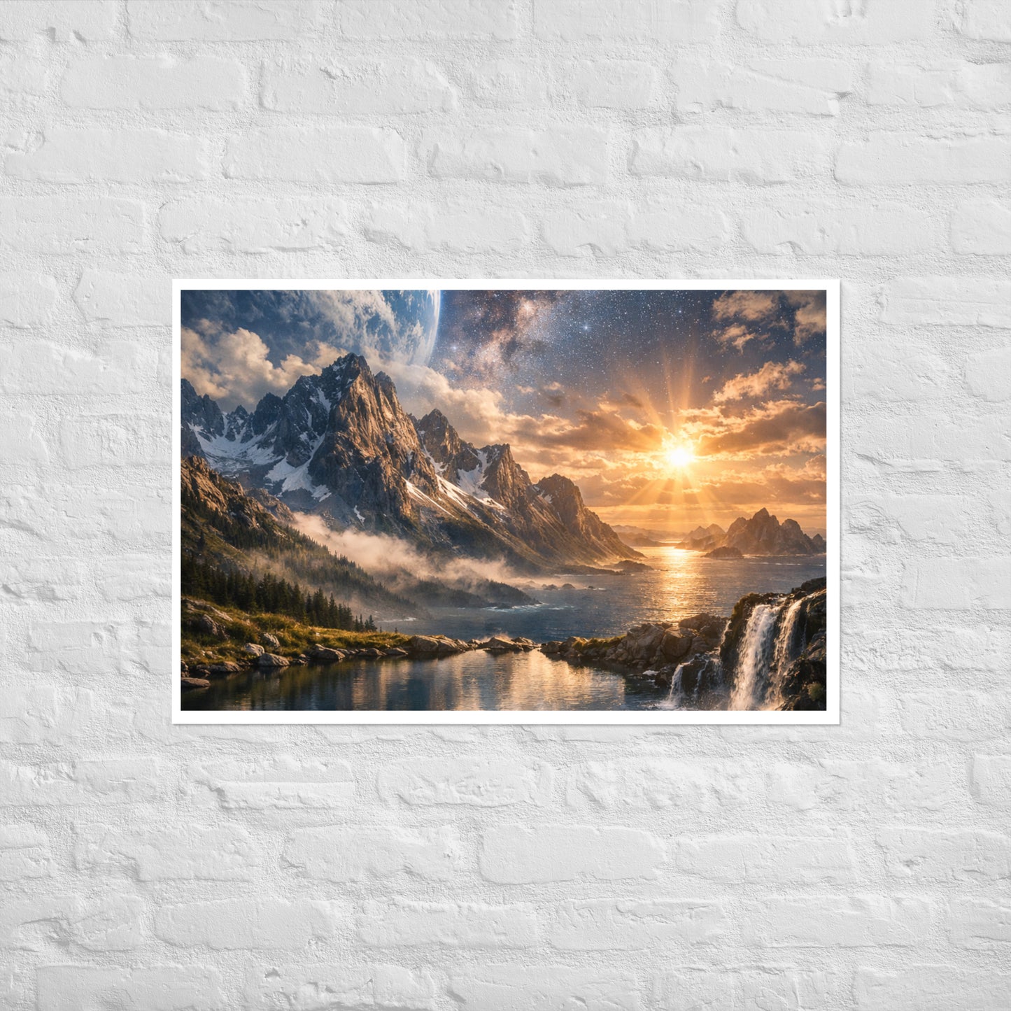 Celestial landscape poster print of jagged mountains beside the ocean at sunrise with a waterfall in the foreground and a star-filled galaxy sky with a planet-like horizon (unframed).
