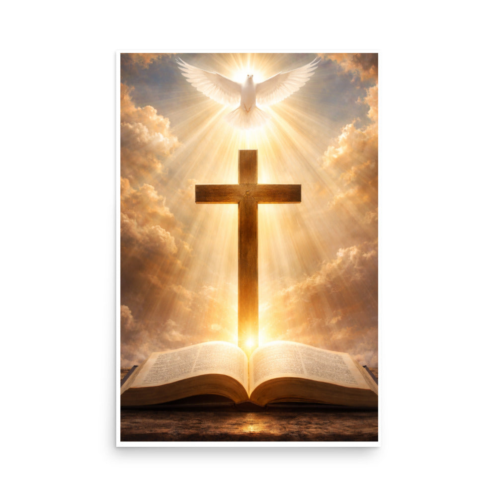 Radiant white dove above a wooden cross with golden light rays shining down onto an open Bible, inspirational Christian faith poster.