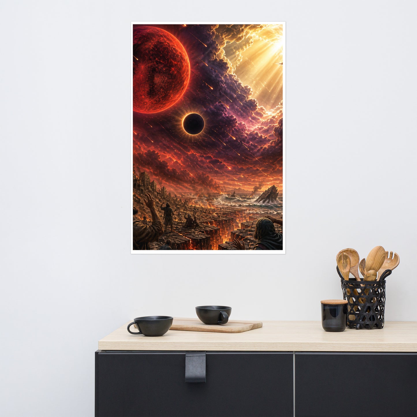 Revelation inspired Christian poster showing a blood moon, darkened sky, fiery heavens, and apocalyptic biblical end-times imagery.