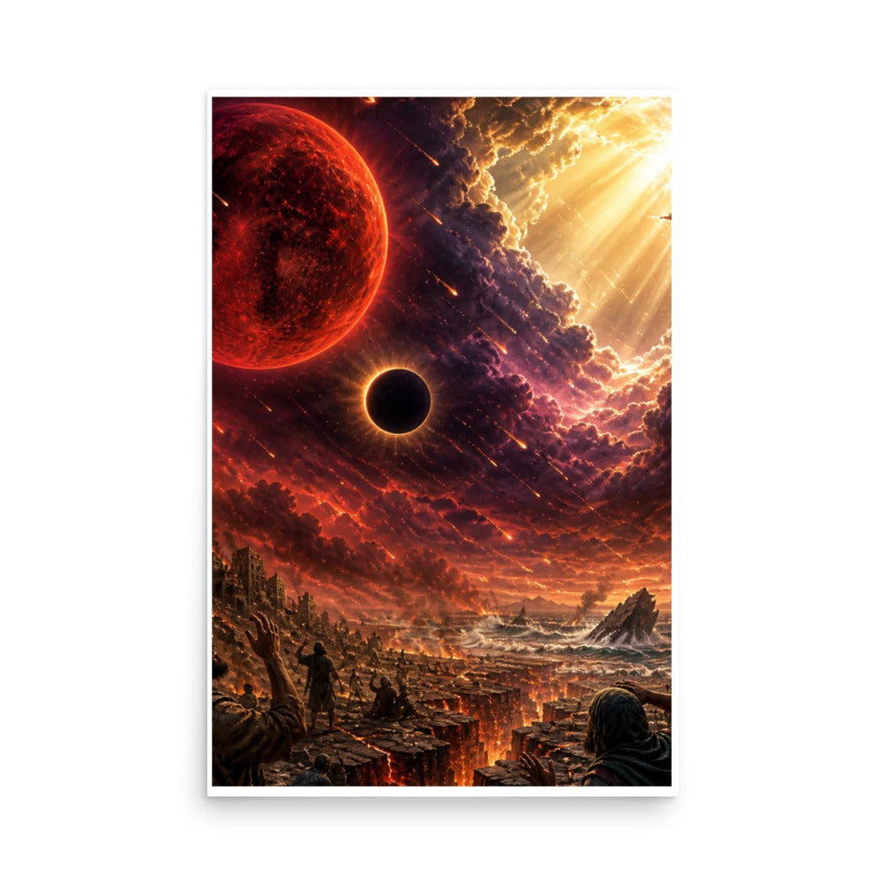 Revelation inspired Christian poster showing a blood moon, darkened sky, fiery heavens, and apocalyptic biblical end-times imagery.