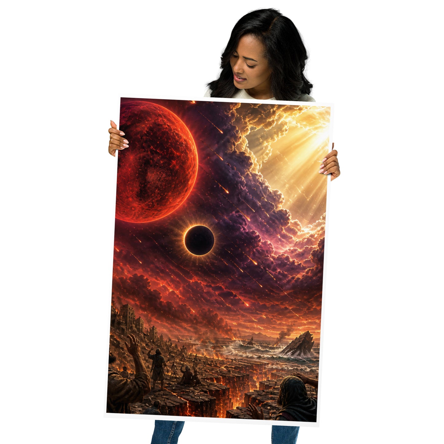 Revelation inspired Christian poster showing a blood moon, darkened sky, fiery heavens, and apocalyptic biblical end-times imagery.