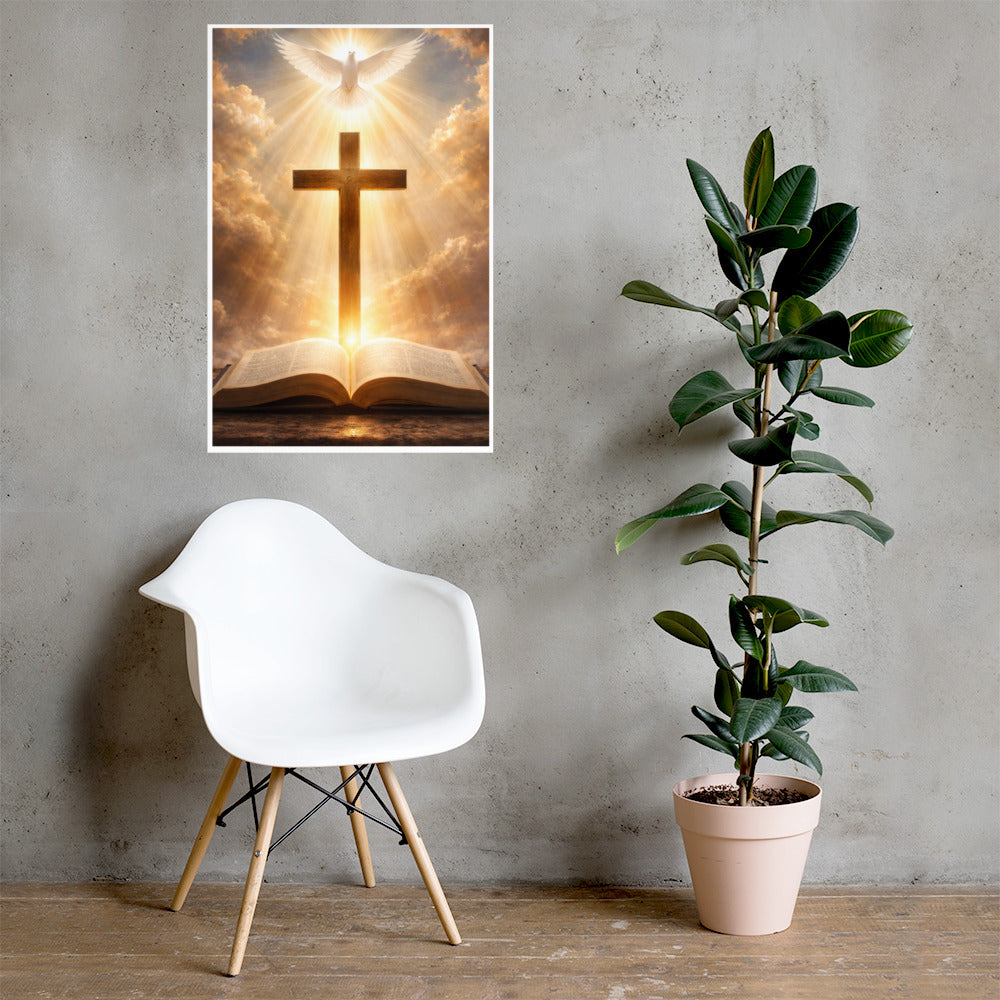 Radiant white dove above a wooden cross with golden light rays shining down onto an open Bible, inspirational Christian faith poster.