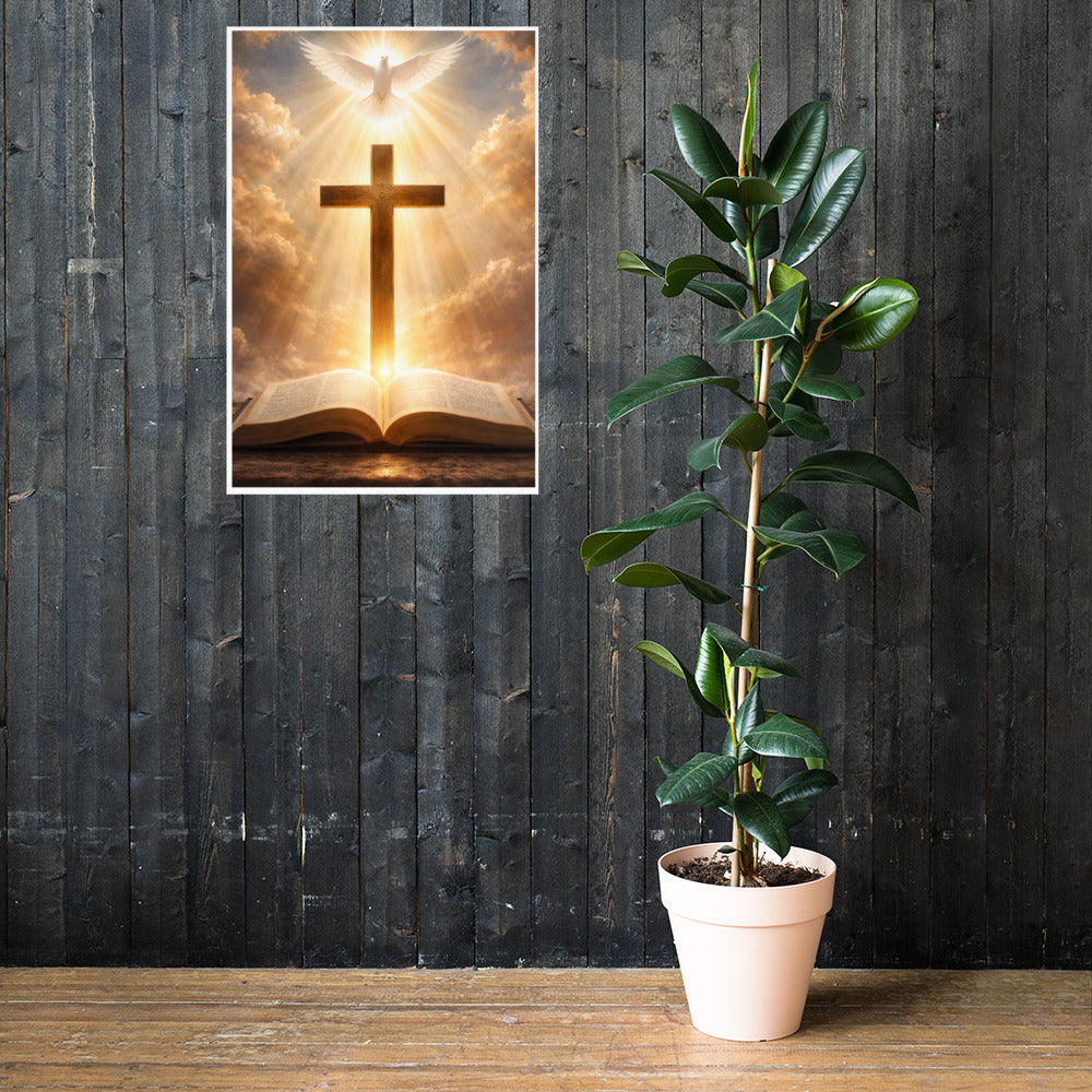 Radiant white dove above a wooden cross with golden light rays shining down onto an open Bible, inspirational Christian faith poster.