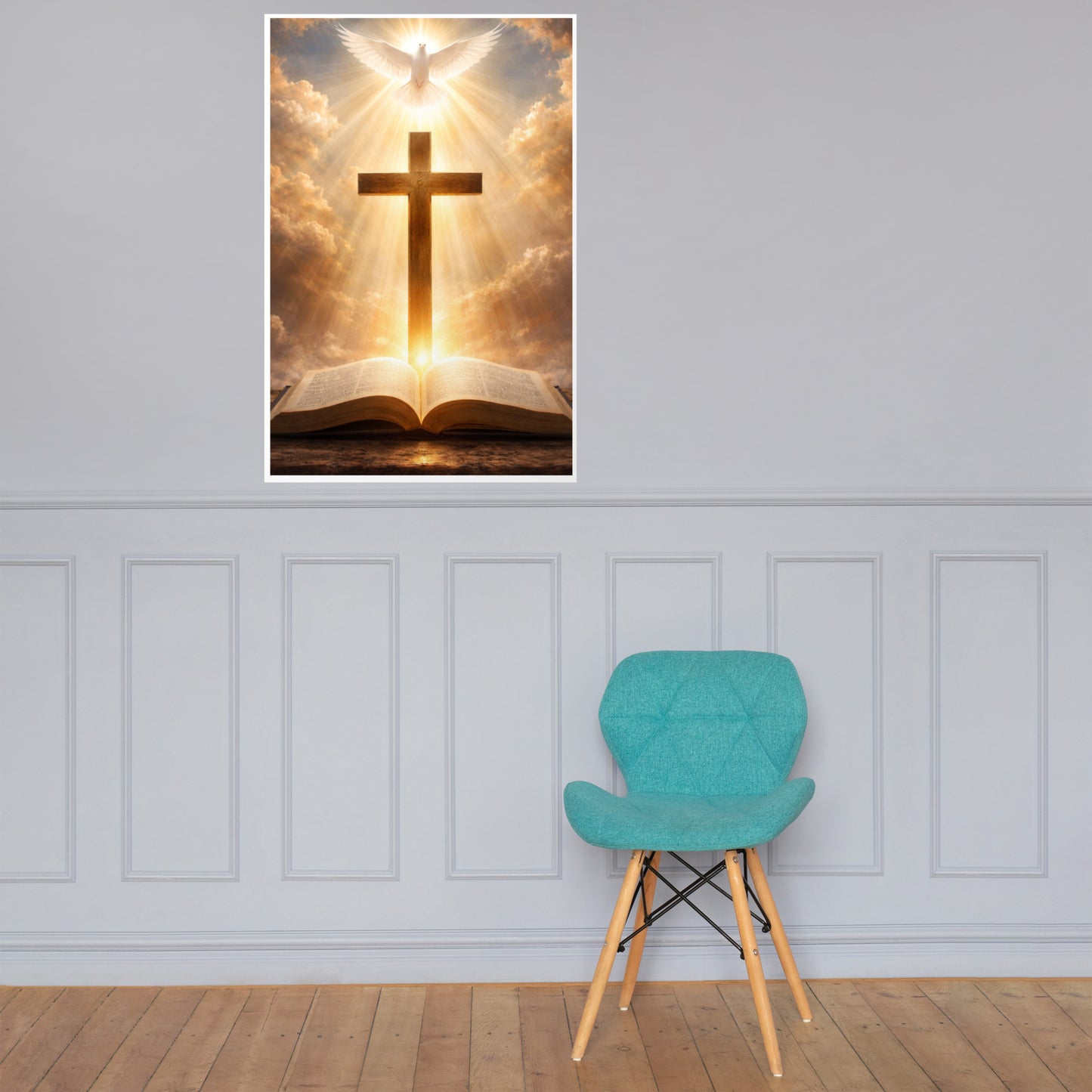 Radiant white dove above a wooden cross with golden light rays shining down onto an open Bible, inspirational Christian faith poster.