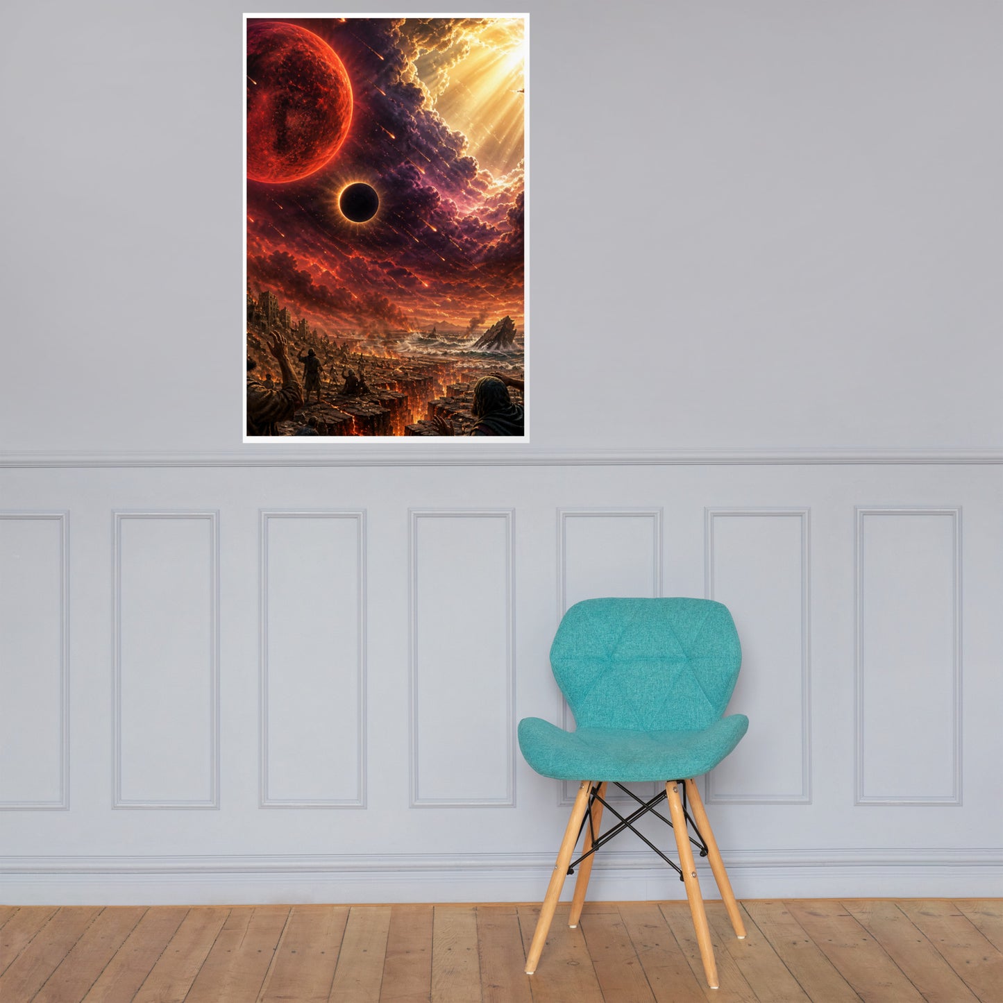 Revelation inspired Christian poster showing a blood moon, darkened sky, fiery heavens, and apocalyptic biblical end-times imagery.