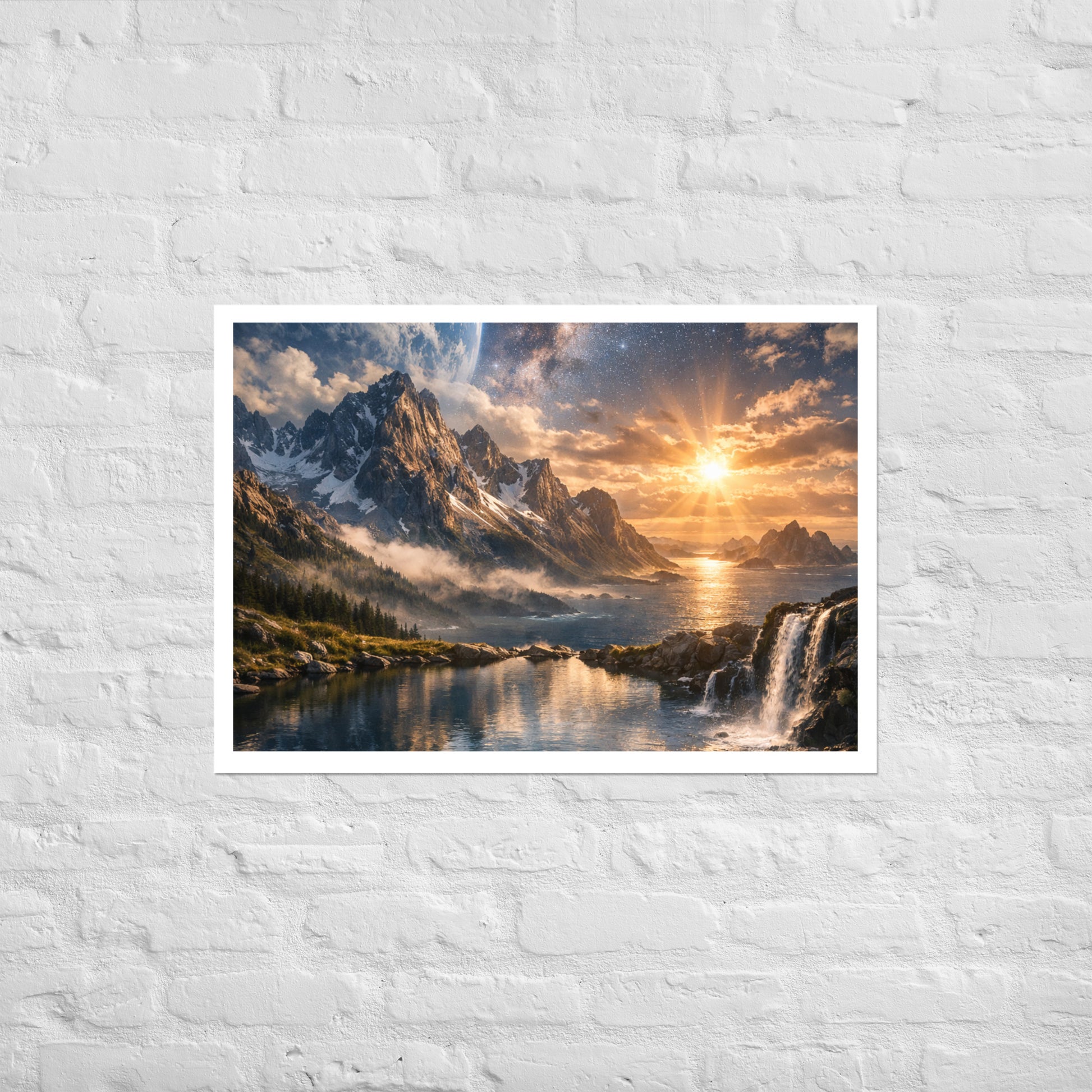 Celestial landscape poster print of jagged mountains beside the ocean at sunrise with a waterfall in the foreground and a star-filled galaxy sky with a planet-like horizon (unframed).