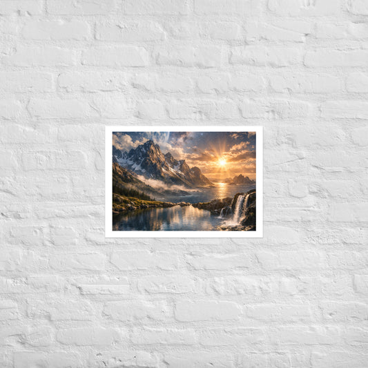 Celestial landscape poster print of jagged mountains beside the ocean at sunrise with a waterfall in the foreground and a star-filled galaxy sky with a planet-like horizon (unframed).