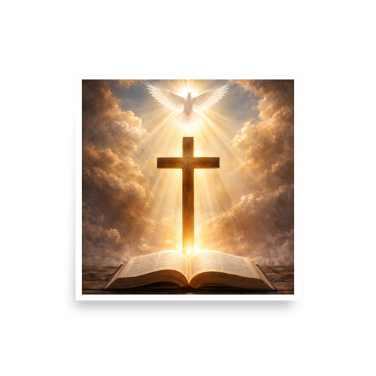 Radiant white dove above a wooden cross with golden light rays shining down onto an open Bible, inspirational Christian faith poster.