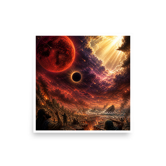 Revelation inspired Christian poster showing a blood moon, darkened sky, fiery heavens, and apocalyptic biblical end-times imagery.