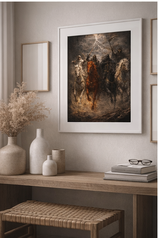 Four horsemen of the apocalypse riding forward through storm clouds and fire, including riders with bow, sword, scales, and death, Revelation 6 inspired prophetic Christian poster.