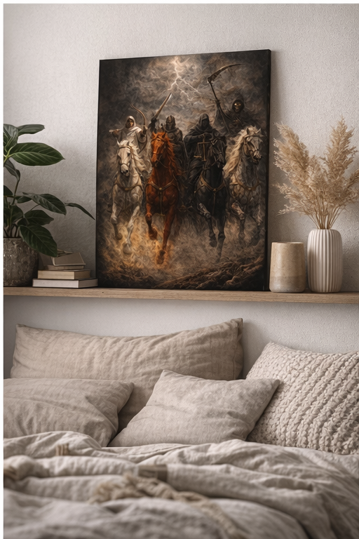 Four horsemen of the apocalypse riding forward through storm clouds and fire, including riders with bow, sword, scales, and death, Revelation 6 inspired prophetic Christian poster.