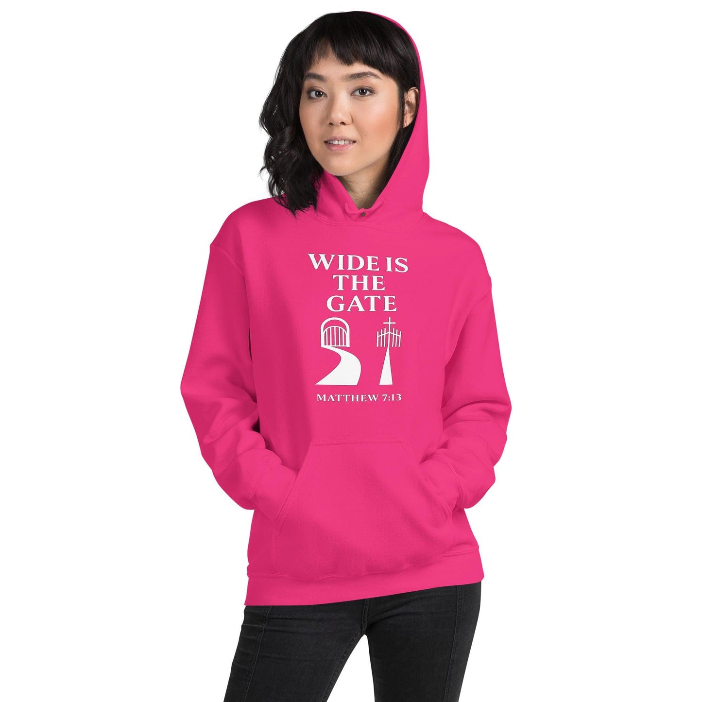 Christian unisex hoodie with “Wide Is the Gate” Matthew 7:13–14 verse design, symbolizing walking the narrow path and standing firm in truth.