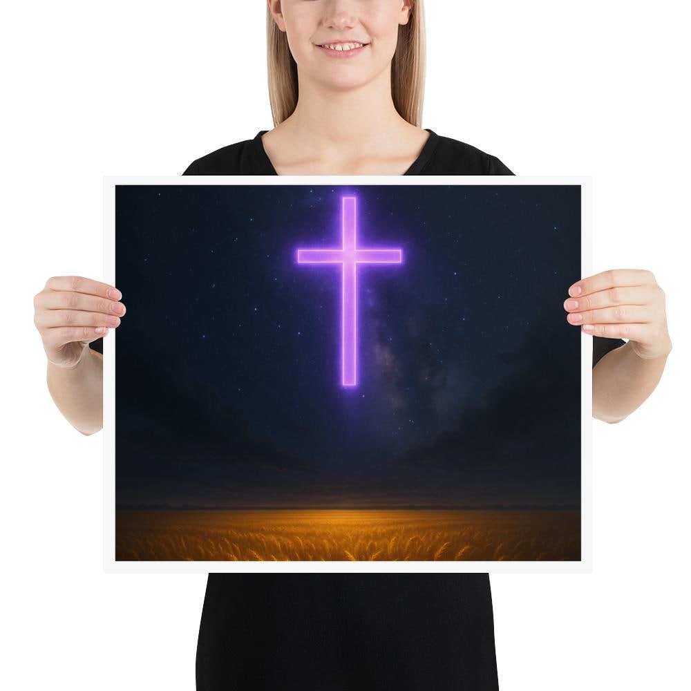 Christian poster featuring a glowing purple cross shining in a night sky, symbolizing the light of Christ overcoming darkness.
