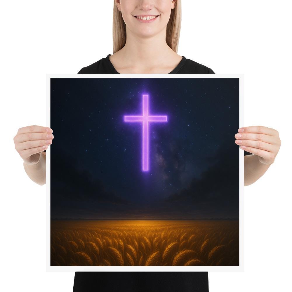 Christian poster featuring a glowing purple cross shining in a night sky, symbolizing the light of Christ overcoming darkness.