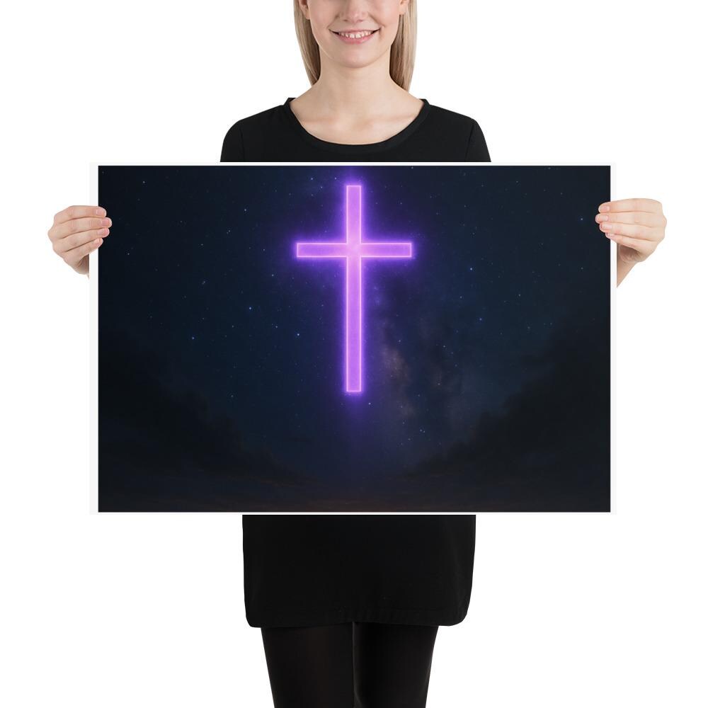 Christian poster featuring a glowing purple cross shining in a night sky, symbolizing the light of Christ overcoming darkness.