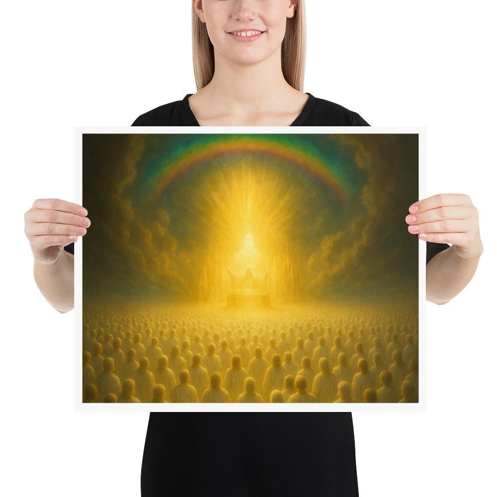 Christian wall art featuring the heavenly throne from Revelation 4, symbolizing divine glory, holiness, and eternal worship in the presence of God.