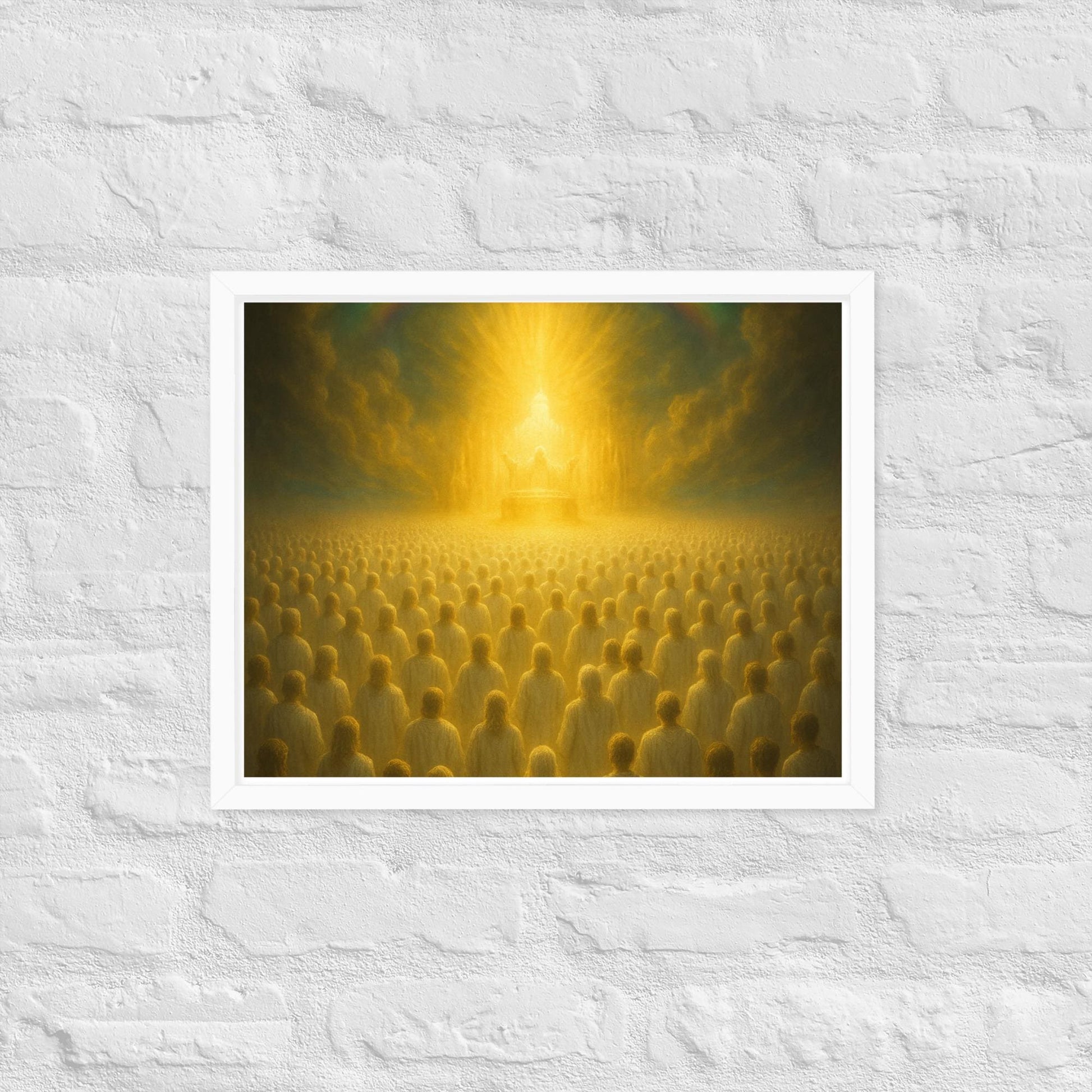 Framed Christian wall art inspired by heavenly worship from Revelation 4. Prophetic throne room artwork symbolizing eternal praise and divine presence.