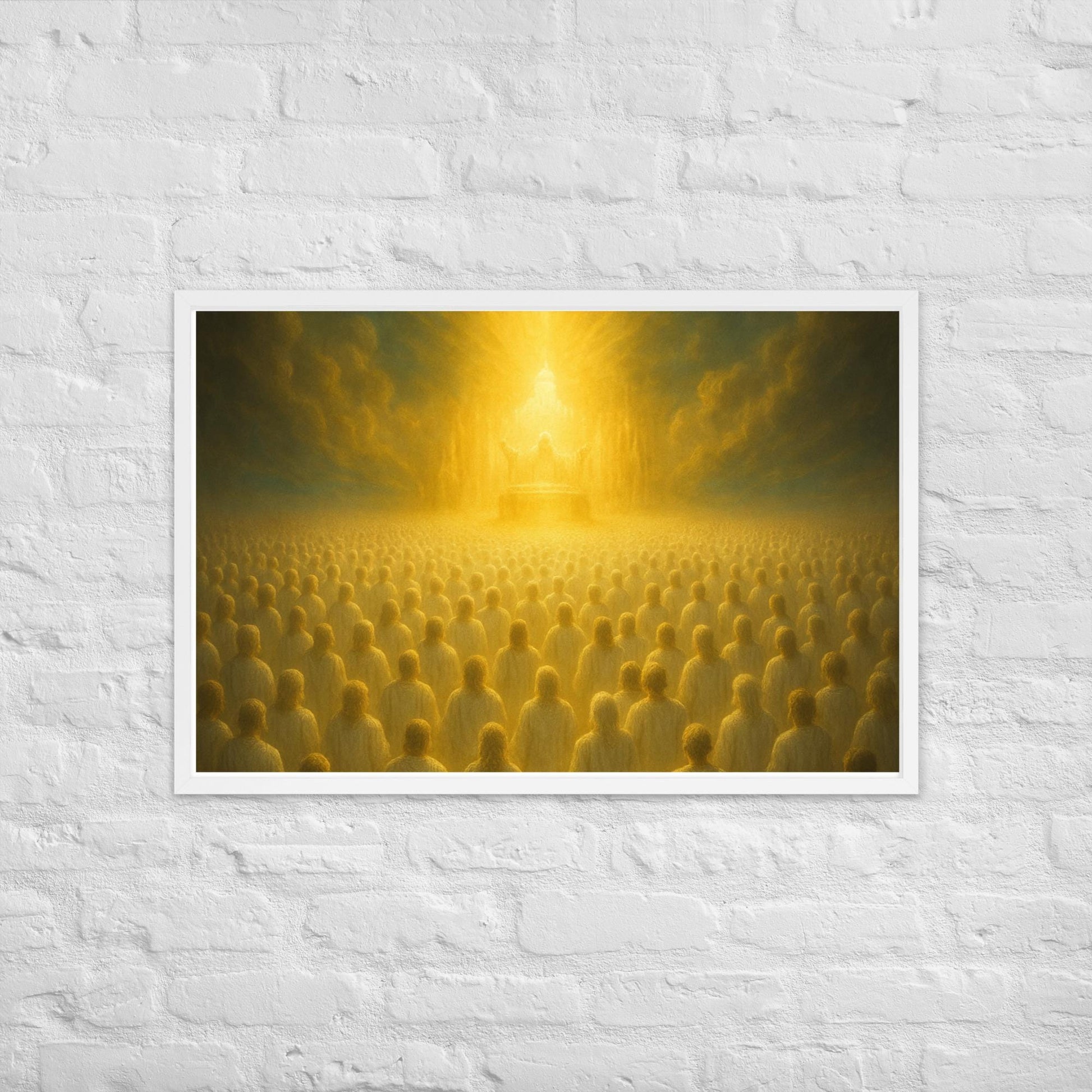 Framed Christian wall art inspired by heavenly worship from Revelation 4. Prophetic throne room artwork symbolizing eternal praise and divine presence.