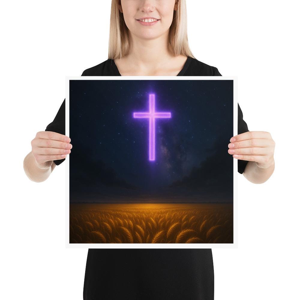 Christian poster featuring a glowing purple cross shining in a night sky, symbolizing the light of Christ overcoming darkness.