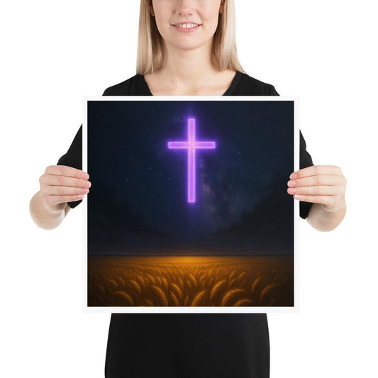 Christian poster featuring a glowing purple cross shining in a night sky, symbolizing the light of Christ overcoming darkness.
