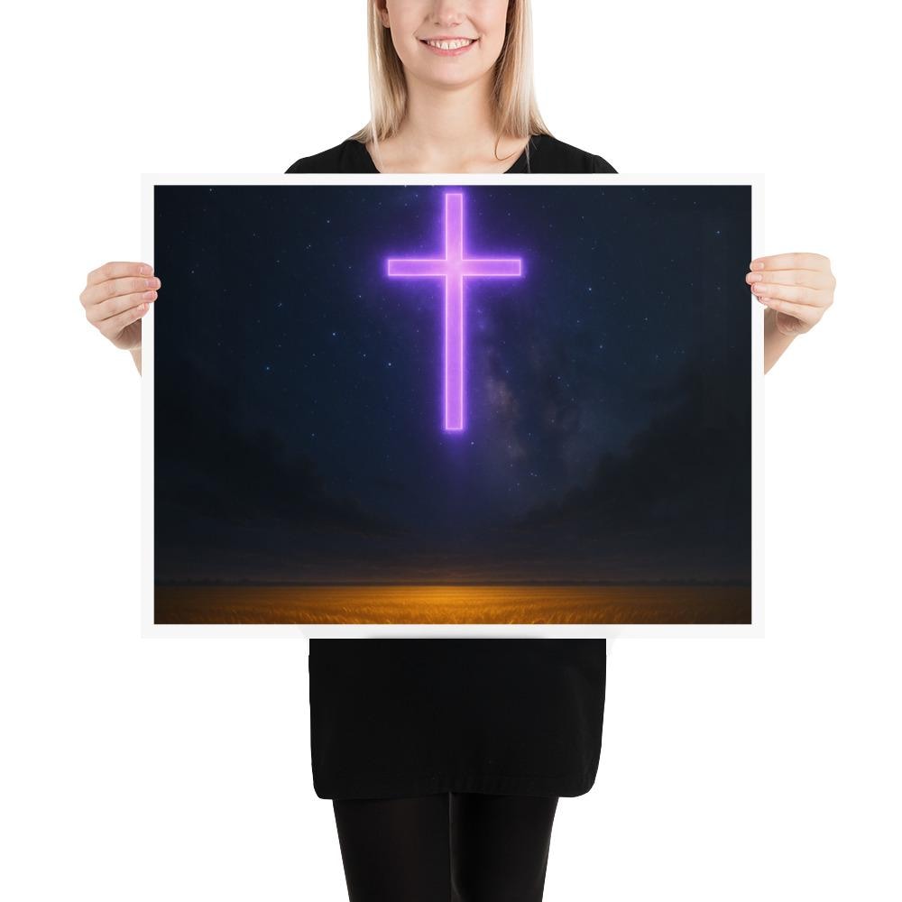 Christian poster featuring a glowing purple cross shining in a night sky, symbolizing the light of Christ overcoming darkness.