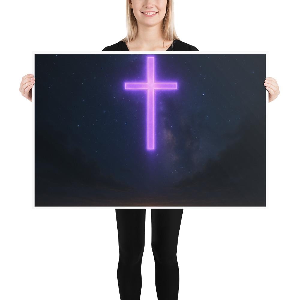 Christian poster featuring a glowing purple cross shining in a night sky, symbolizing the light of Christ overcoming darkness.