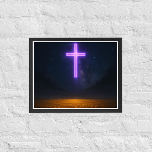 Framed Purple Cross Poster | Christian Night Sky Wall Art | Faith-Based Home Décor