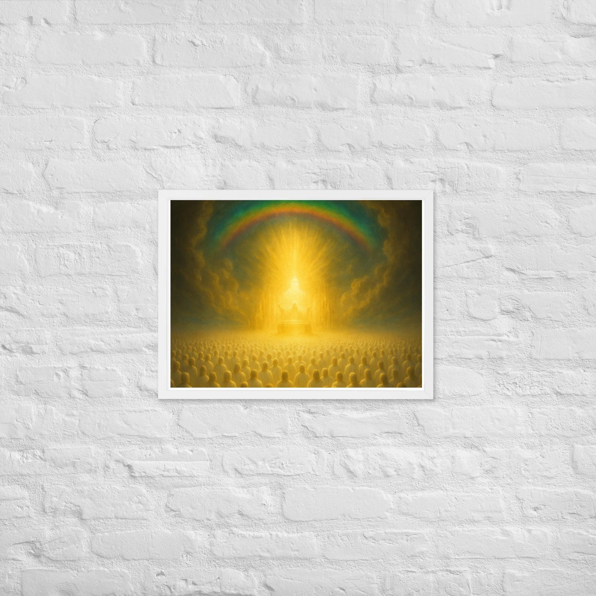 Framed Christian wall art inspired by heavenly worship from Revelation 4. Prophetic throne room artwork symbolizing eternal praise and divine presence.