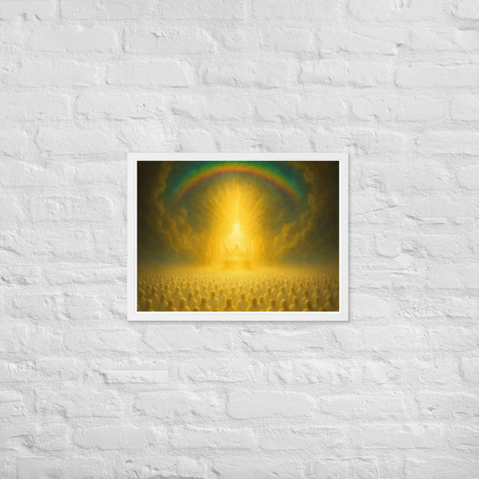 Framed Christian wall art inspired by heavenly worship from Revelation 4. Prophetic throne room artwork symbolizing eternal praise and divine presence.
