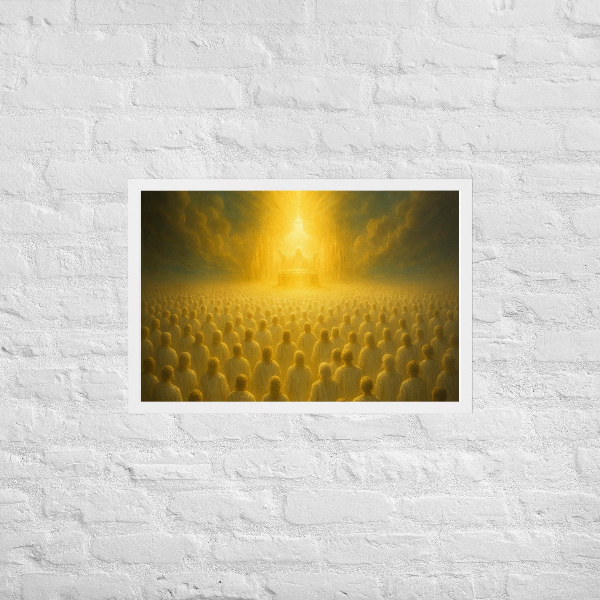 Framed Christian wall art inspired by heavenly worship from Revelation 4. Prophetic throne room artwork symbolizing eternal praise and divine presence.