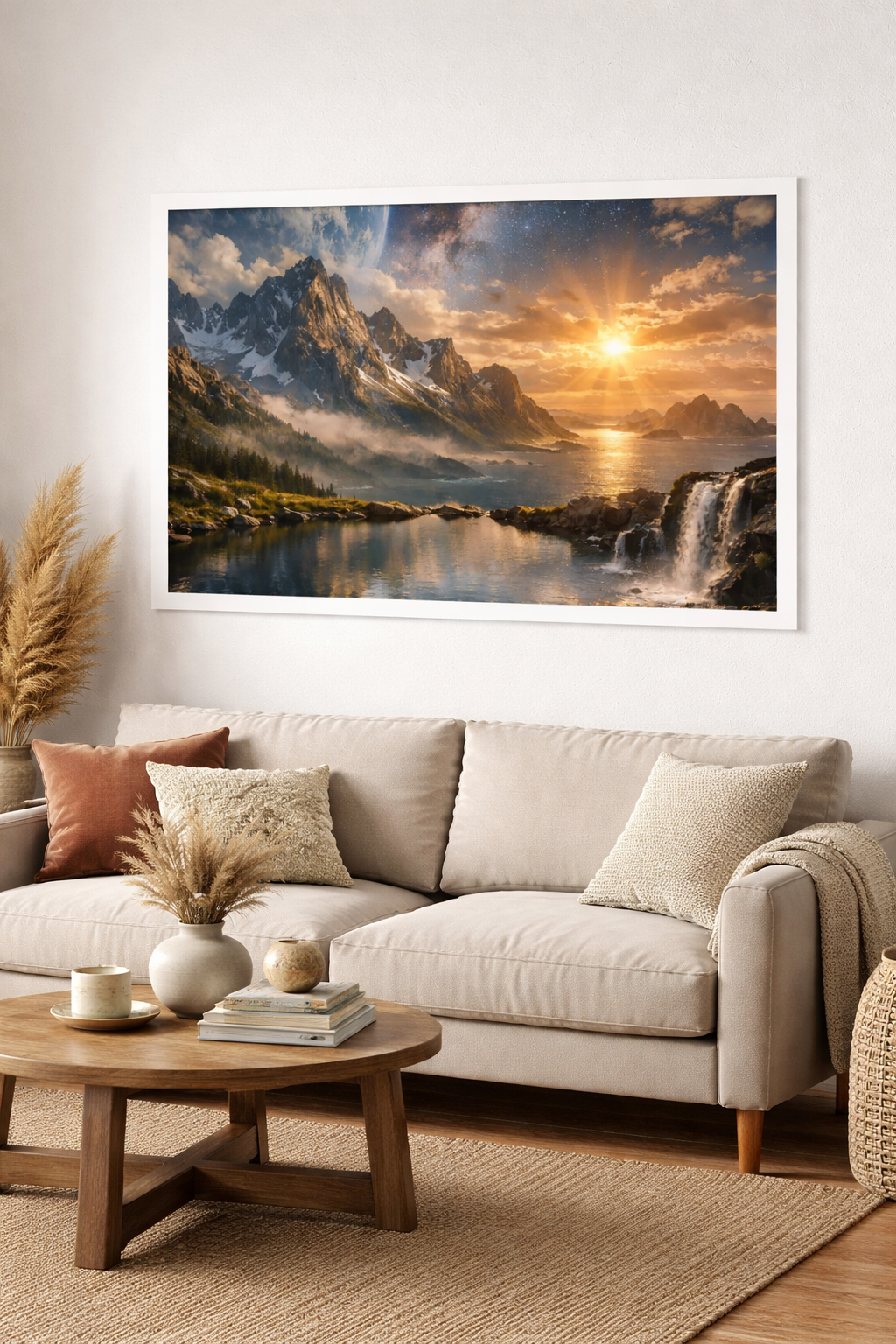 Celestial Mountain & Ocean Sunrise Poster Print (Unframed) – Cosmic Galaxy Landscape Wall Art