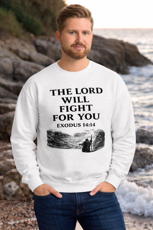 “The Lord Will Fight For You” Scripture sweatshirts with Exodus 14:14 text and illustrated design in a realistic lifestyle photo.