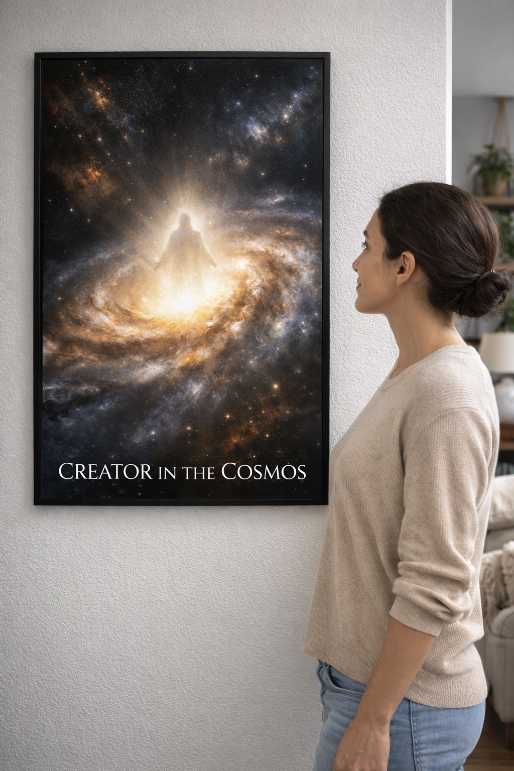Unframed Christian galaxy poster featuring radiant light and a glowing figure in the cosmos, faith wall art for home decor.