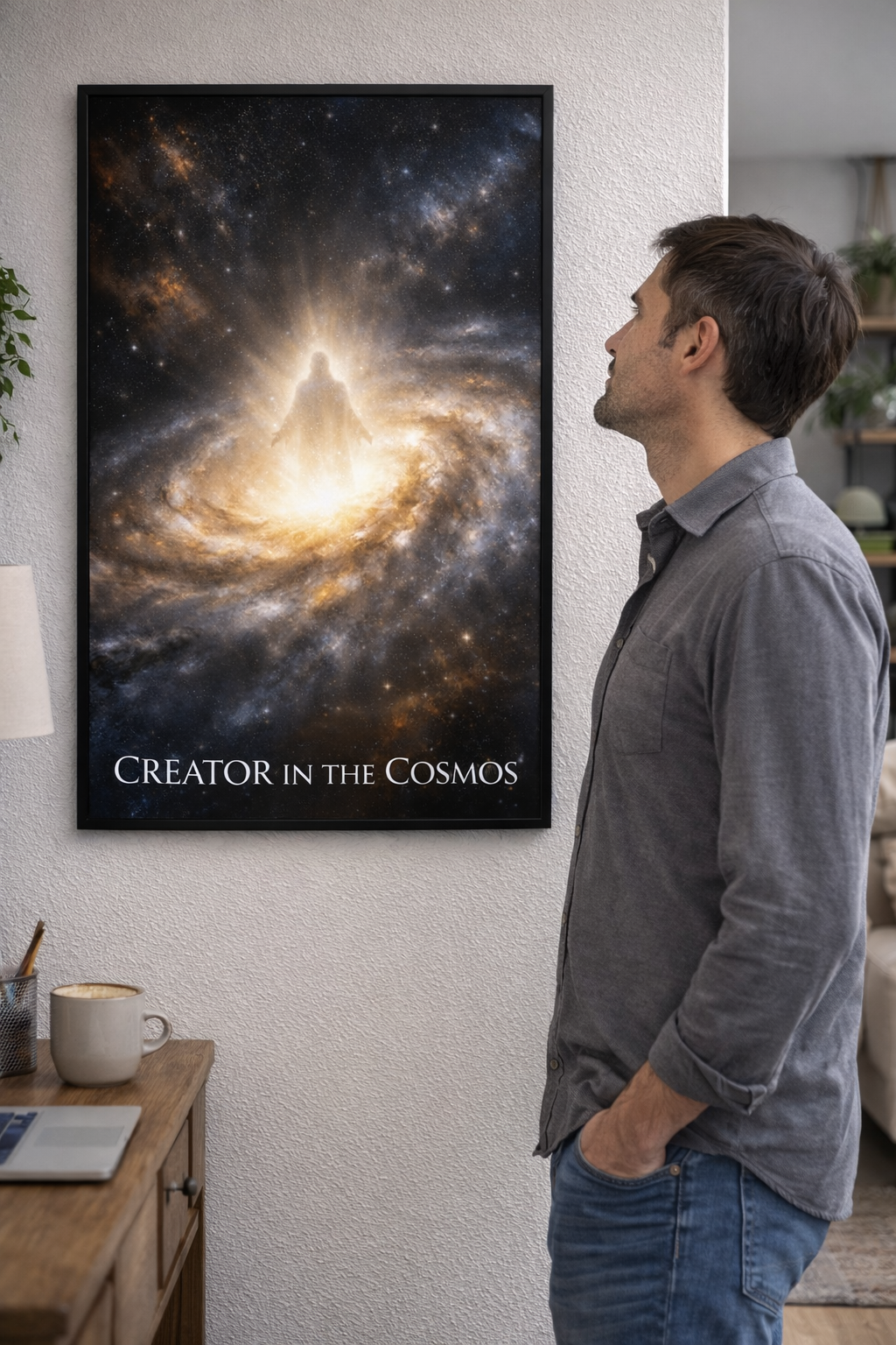 Unframed Christian galaxy poster featuring radiant light and a glowing figure in the cosmos, faith wall art for home decor.